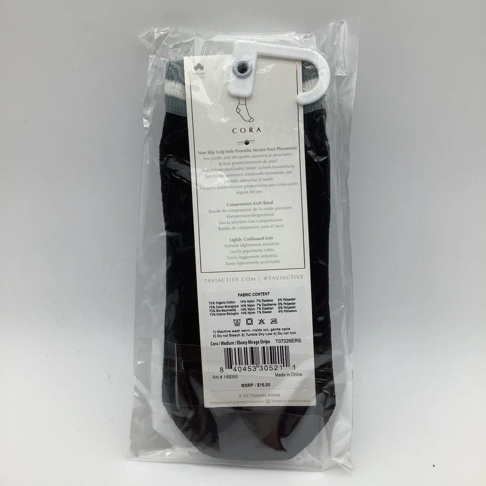 Tavi Grip Cora‎ Socks Ebony Mirage Stripe Black Pilates Yoga Size Medium NWT